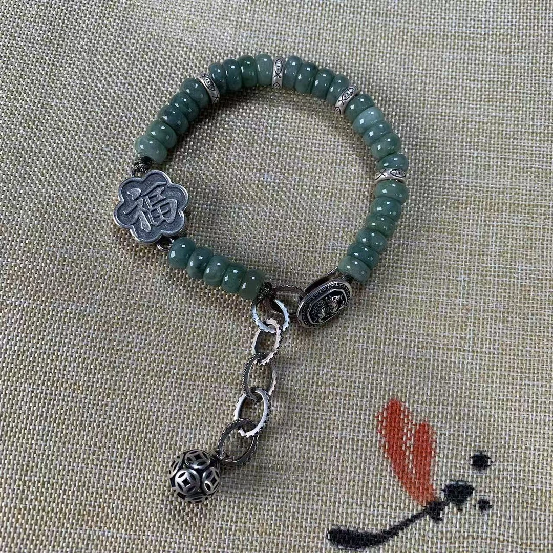 s925银时尚单圈百搭精美民族风天然翡翠盘缠手链399