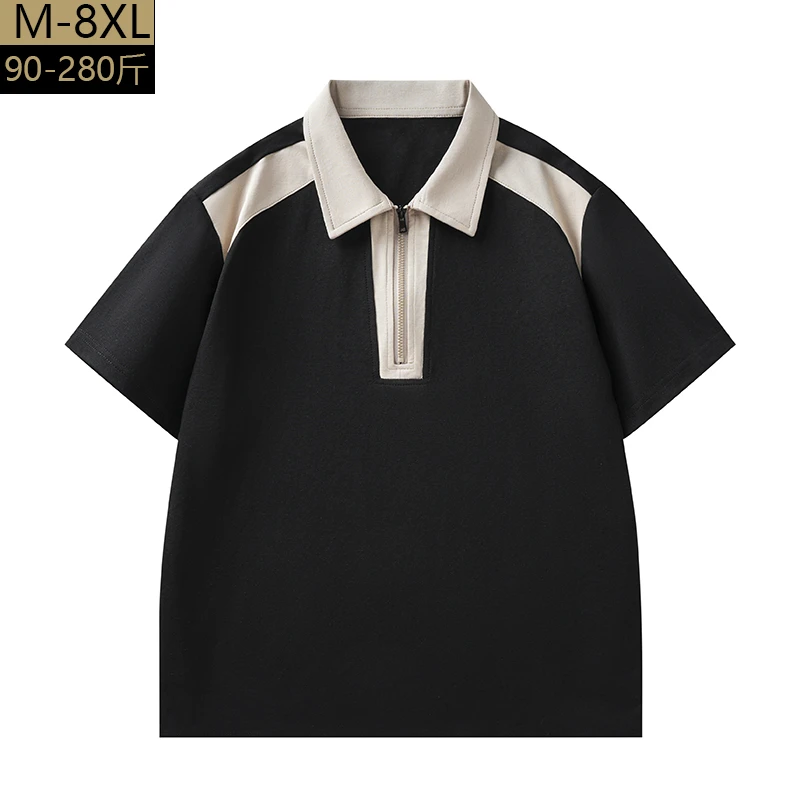 夏季大码男士短袖Polo衫宽松休闲半拉链撞色翻领T恤胖子落肩上衣
