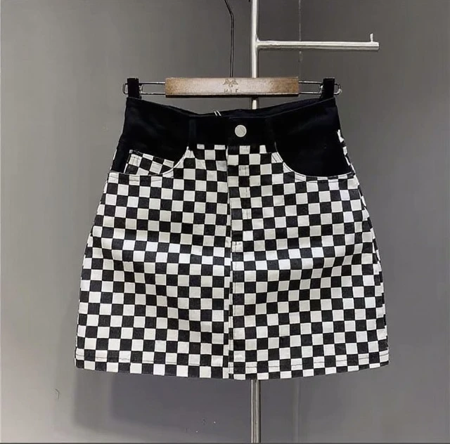 W棋盘格包臀短裙半身裙女小个子气质a字裙A274