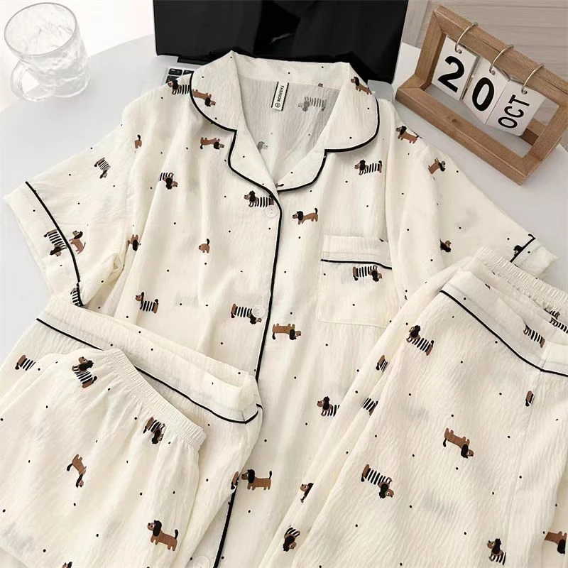 ins卡通腊肠狗云朵棉儿童睡衣女夏短袖学生薄款长裤三件套家居服