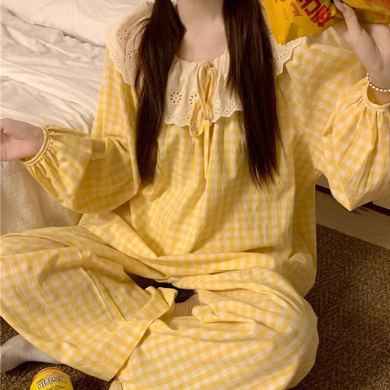睡衣女春秋季少女甜美蕾丝花边格子长袖长裤家居服套装2025