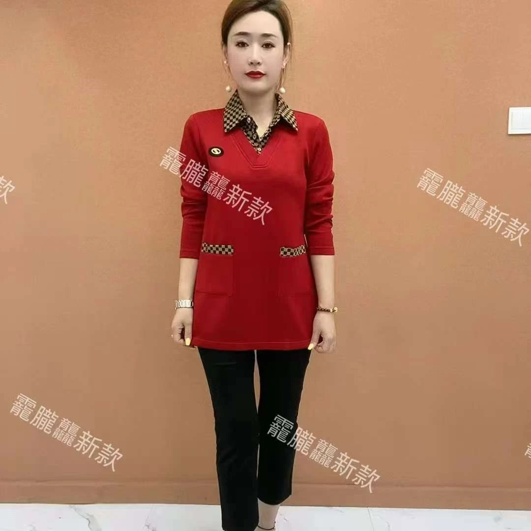 中老年女装大码200斤T桖衬衫领妈妈装卫衣（6色）