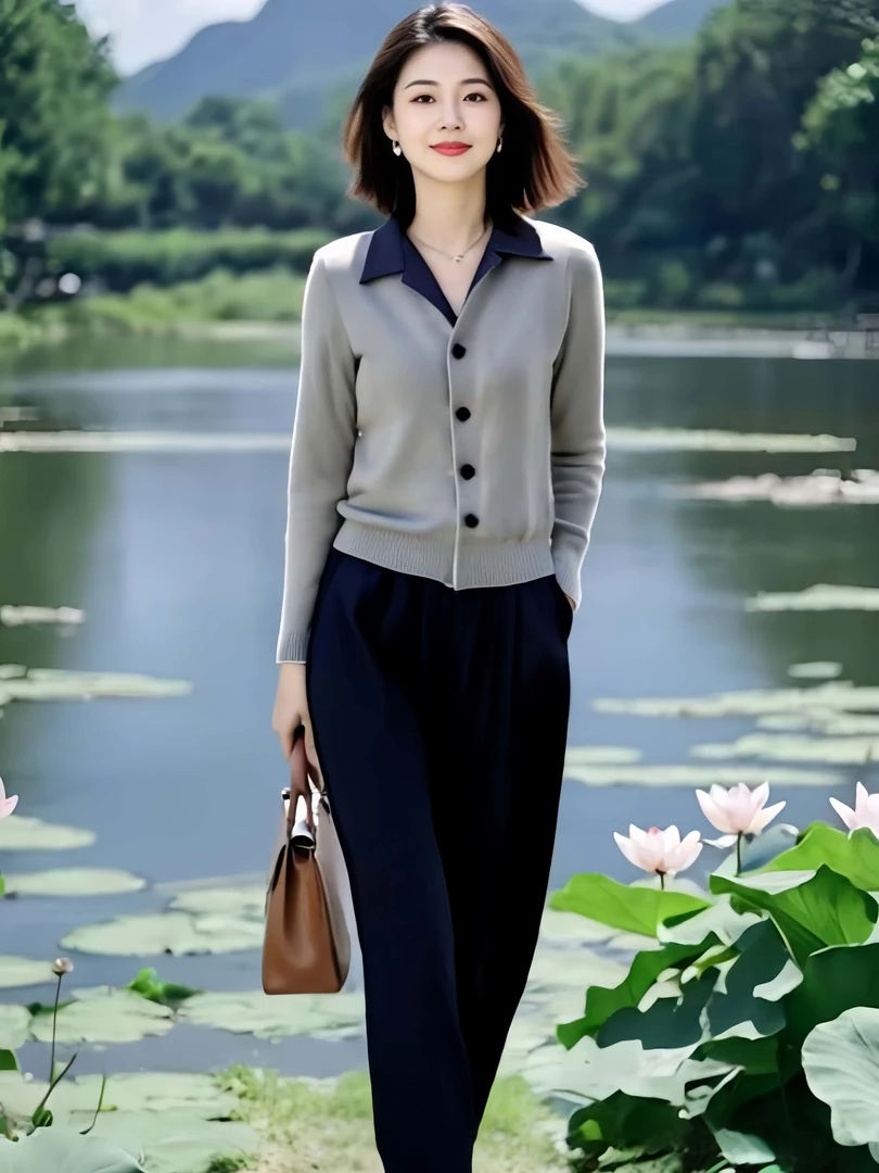 2025早秋新款小个子穿搭套装时尚撞色针织衫+松紧腰后腰九分裤子