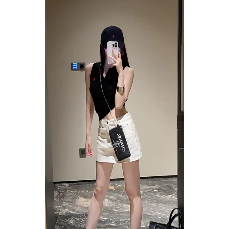 高级感洋气夏季新款套装设计款黑色无袖背心上衣百搭显瘦休闲短裙