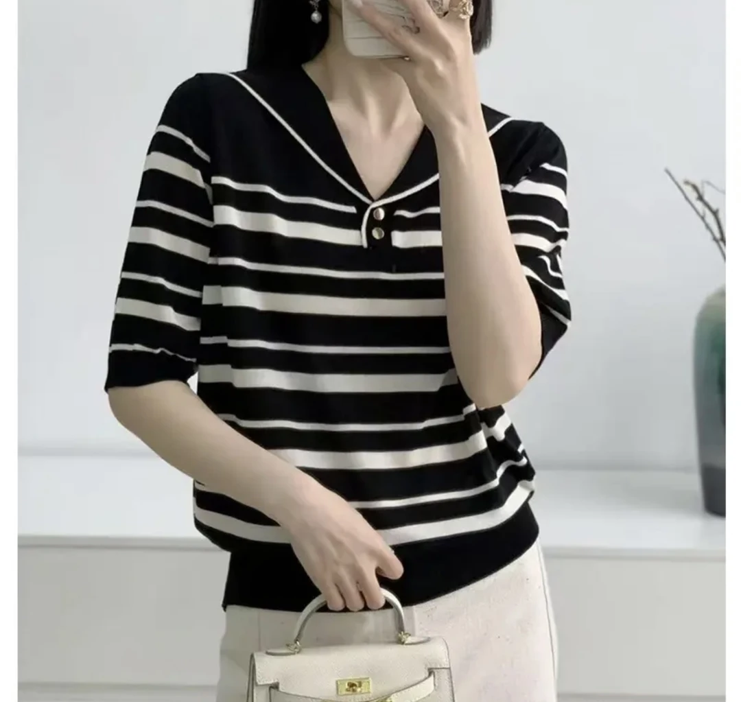 春季新款洋气莱赛尔天丝海军领条纹撞色薄款冰丝针织衫显瘦时尚女