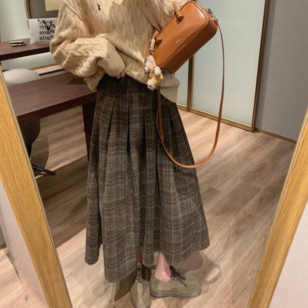 复古毛呢a字格子半身裙女秋冬大码胖mm显瘦棕色长裙梨形伯克利裙