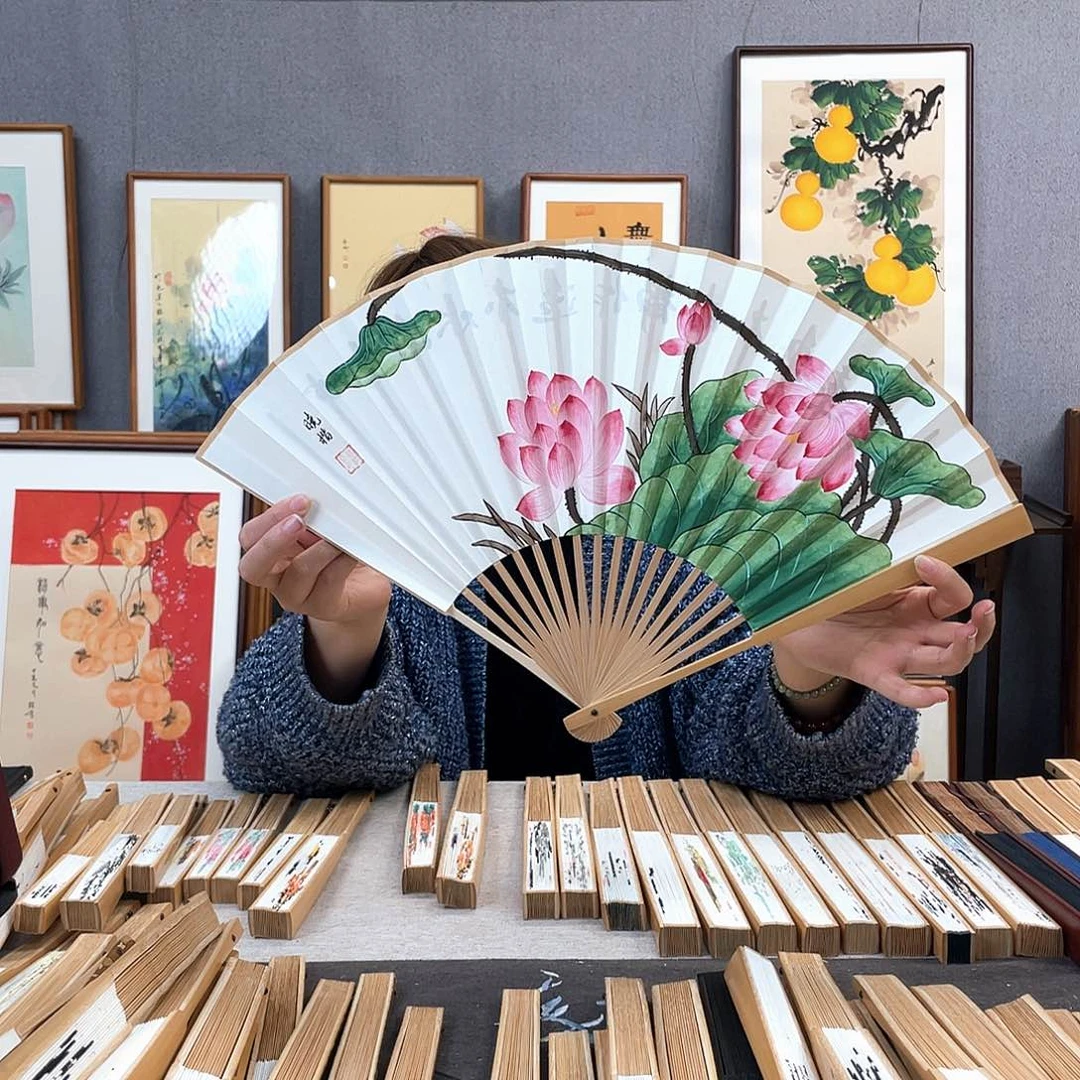 国画95寸玉竹-纯手绘-文玩扇骨（默认粘好）
