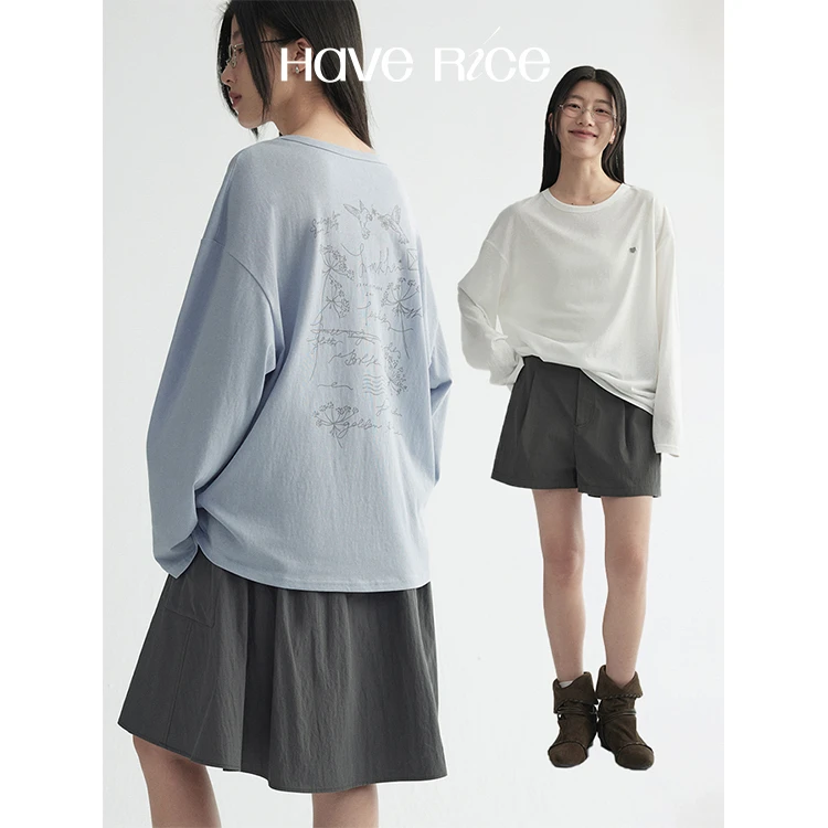 【花园寄语印花T恤】花园寄语 文艺休闲百搭印花雪花肌理针织T恤