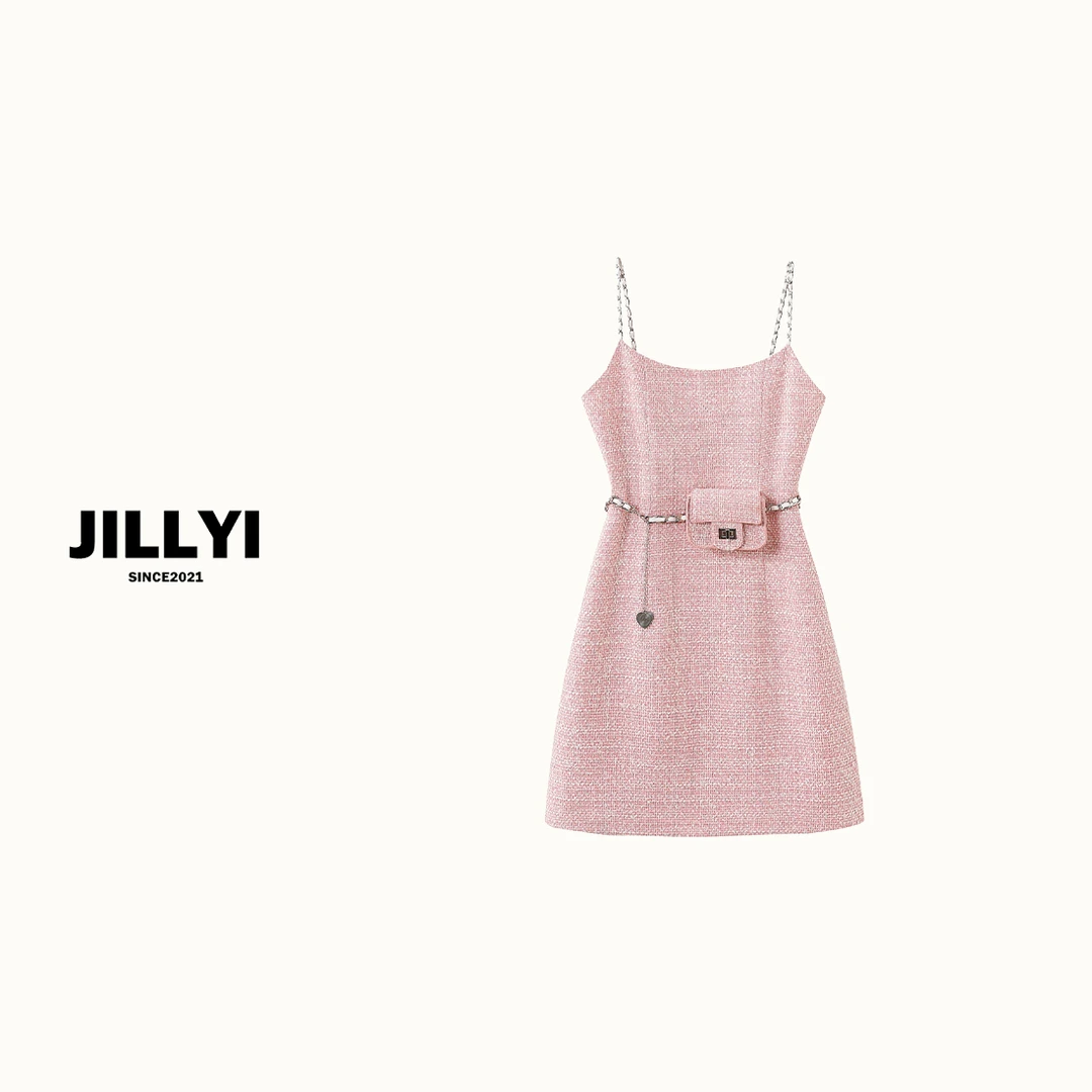 JILLYI珠海店【樱花晨露裙】粉色腰间包包小香风气质吊带连衣裙时尚