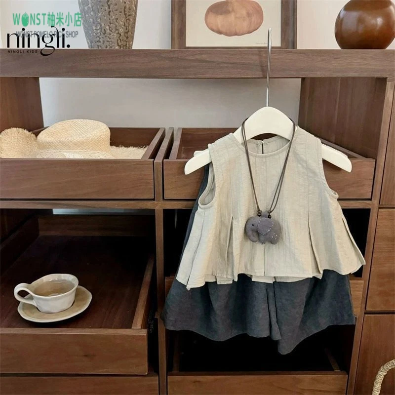 女童森系夏季套装2025新款薄款儿童洋气背心上衣阔腿裤两件套夏装