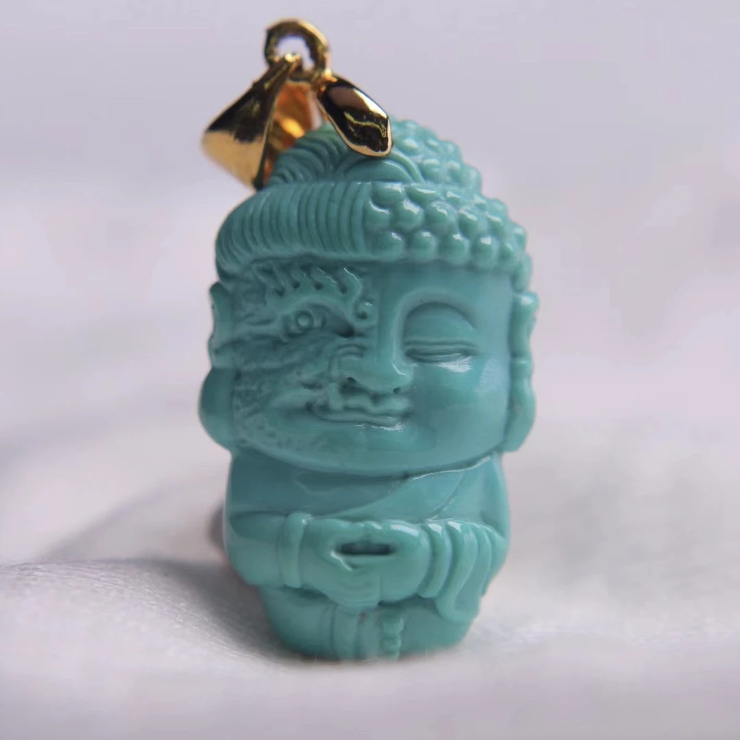 原矿绿松石女款吊坠一念之间手工精雕瓷釉级项坠14x22.4x7.6mm