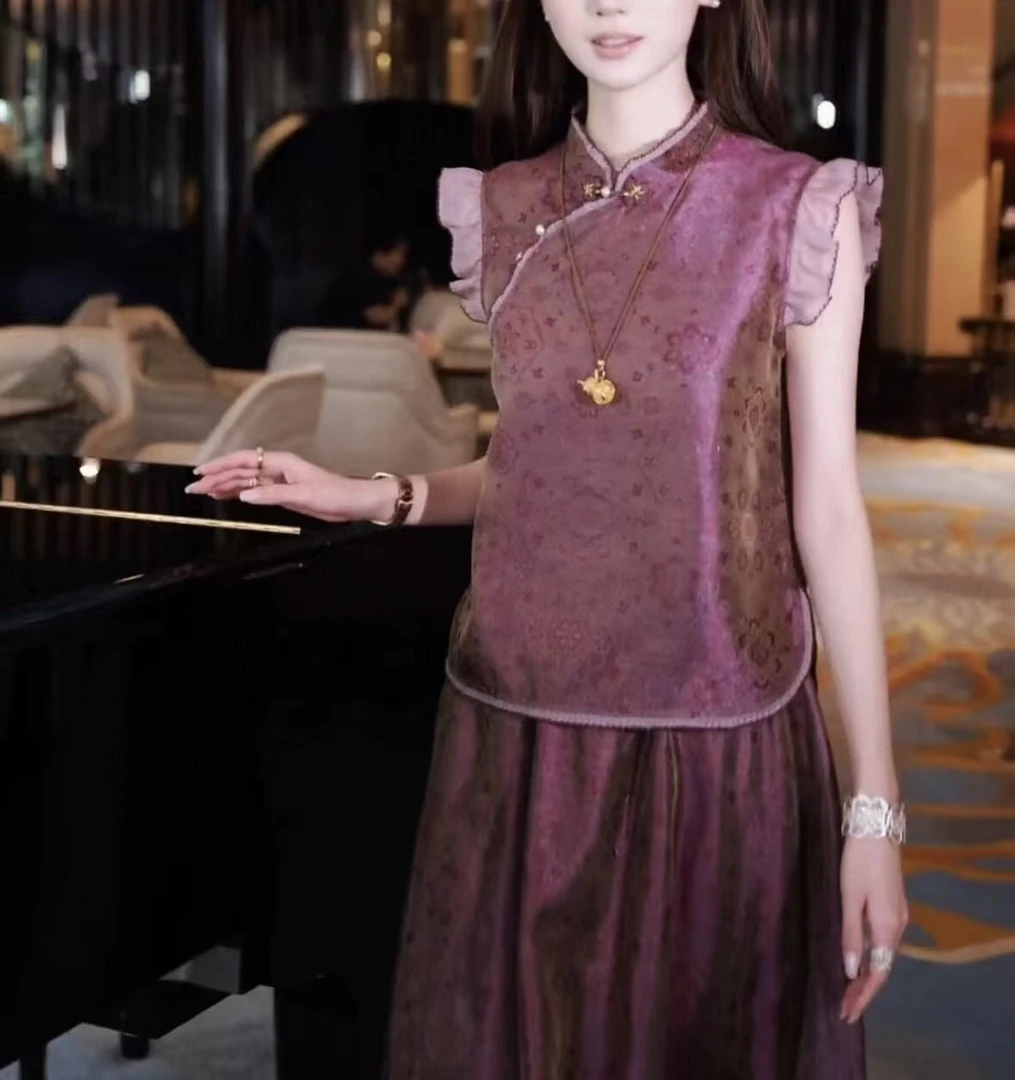 【紫荆】提花幻彩萝盘扣拼边织牙边精致汉服新中式国风衬衫
