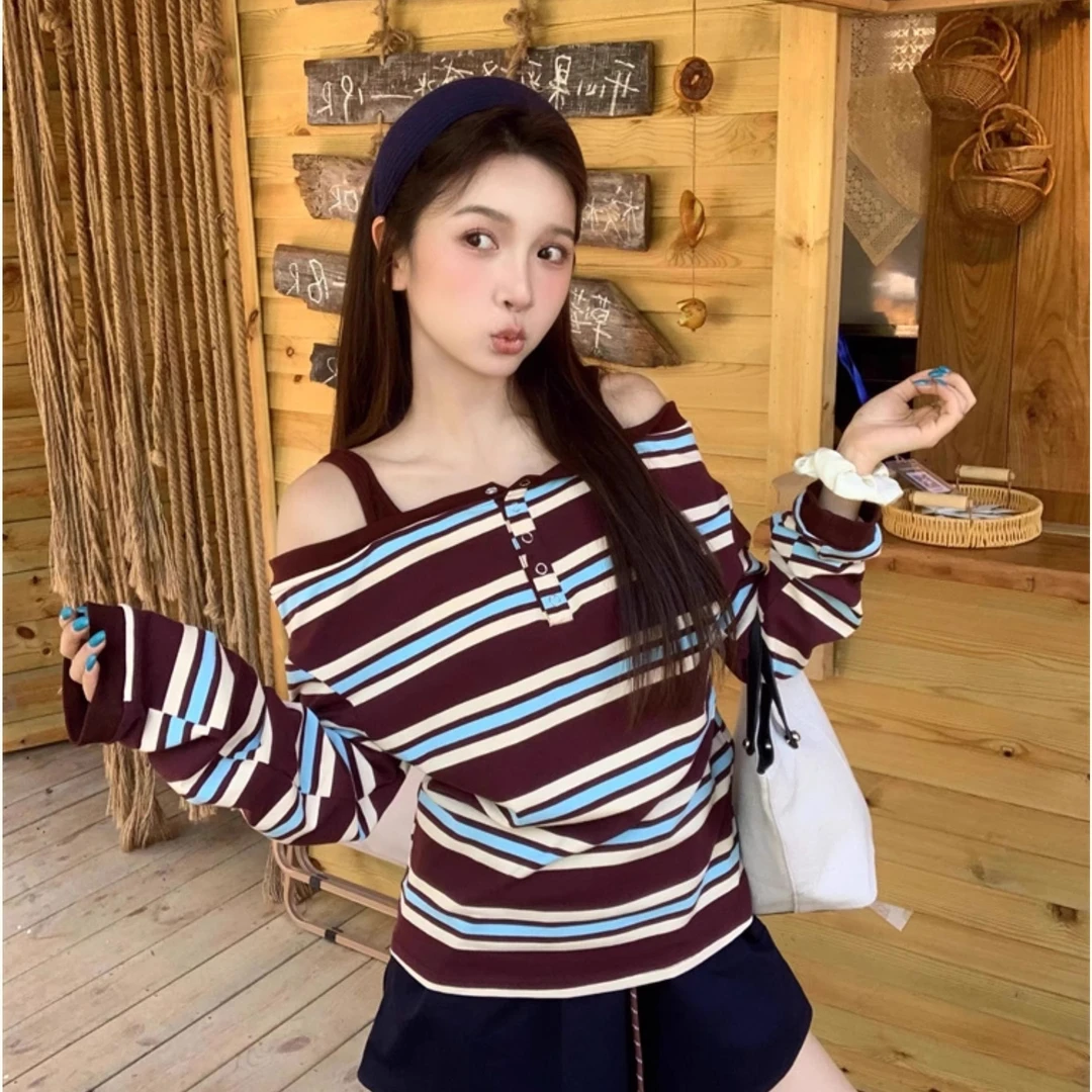 春秋款撞色条纹女装长袖T恤韩版大码ins棉质宽松时尚百搭气质衣服