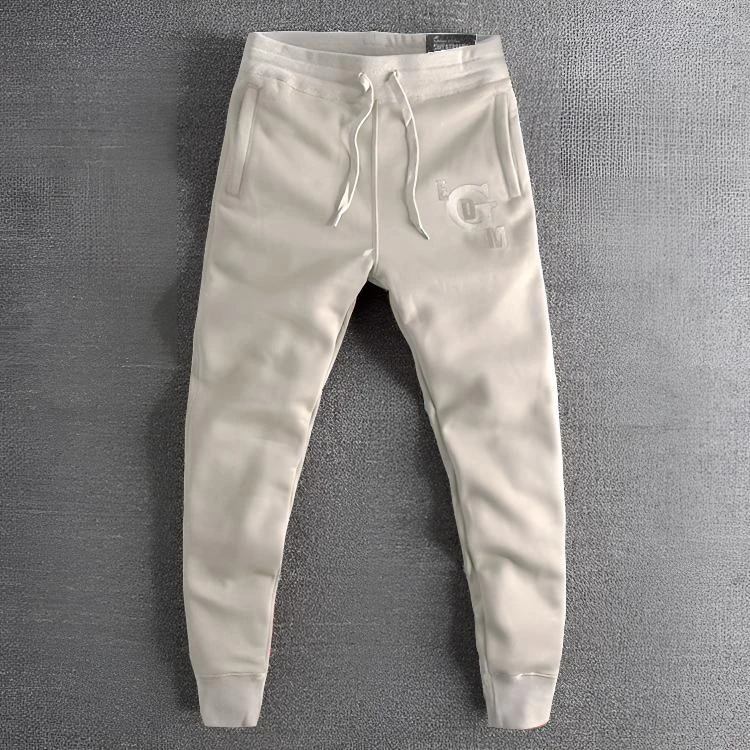 刺绣男士小脚裤裤子男士纯色运动卫裤保暖卫裤加绒百搭修身时尚