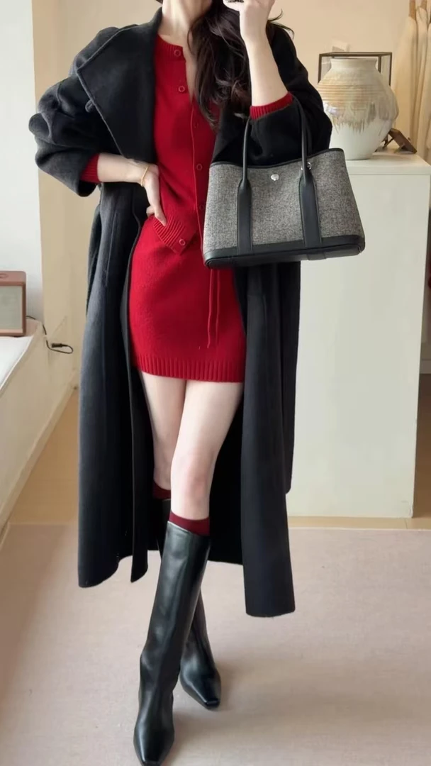 长款大衣外套红色针织开衫短裙三件套冬季外套氛围感穿搭