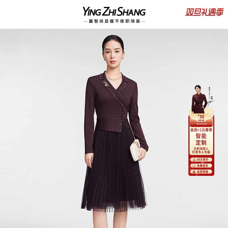 赢智尚2025春季新款美拉德风显瘦气质优雅针织网纱连衣裙ZF03205