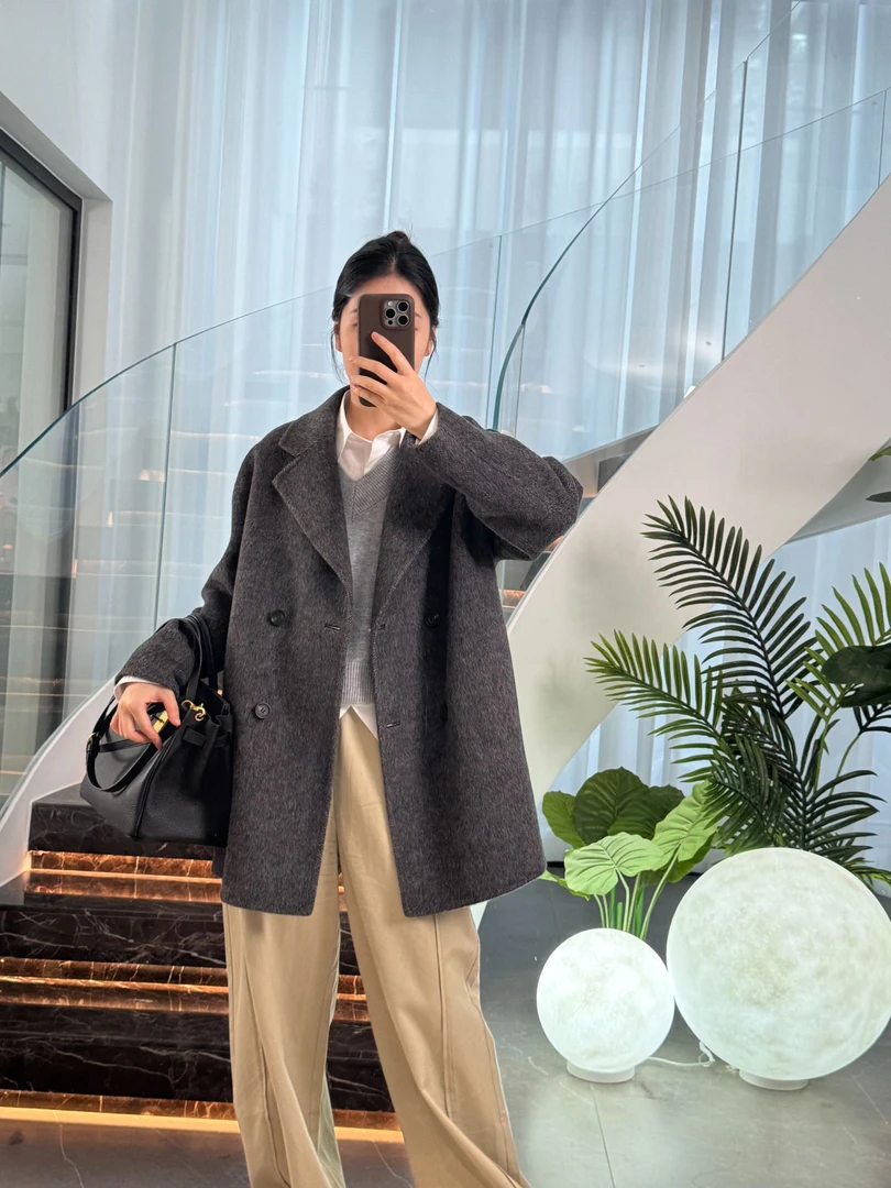 达人2025新款人字纹双面羊毛大衣女韩版宽松西装领外套中长款秋冬