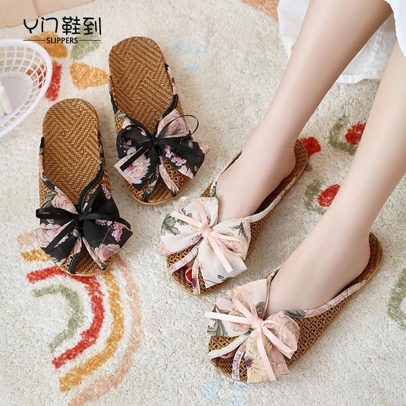 夏季藤草编织亚麻蝴蝶结包头凉拖鞋女轻便厚底居家清凉韩版外穿
