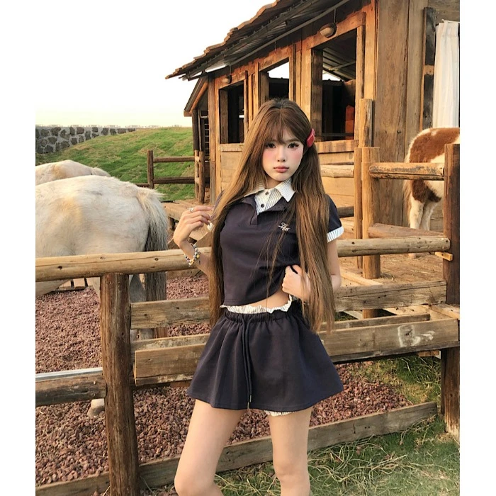 学院套装撞色拼接POLO领短袖T恤女夏季高腰绑带显瘦半身裙两件套