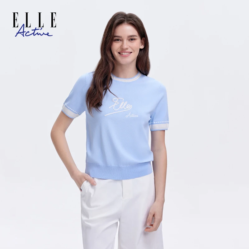 ELLE Active【立体绳绣】圆领针织衫活力减龄字母T恤女短袖套头上衣