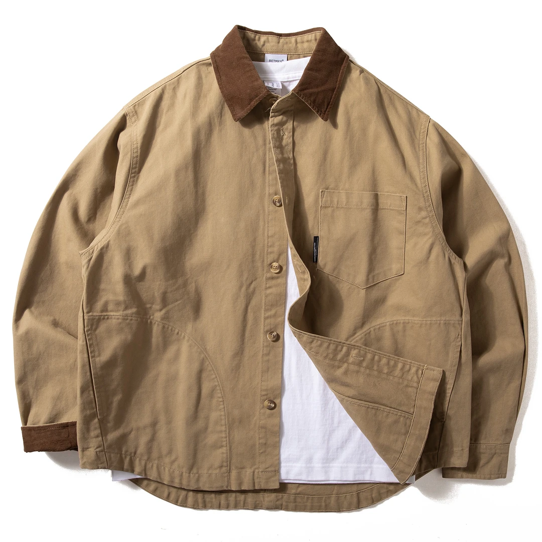 Enbi Simcotton外套男春秋重磅外穿衬衣撞色灯芯绒领复古工装衬衫