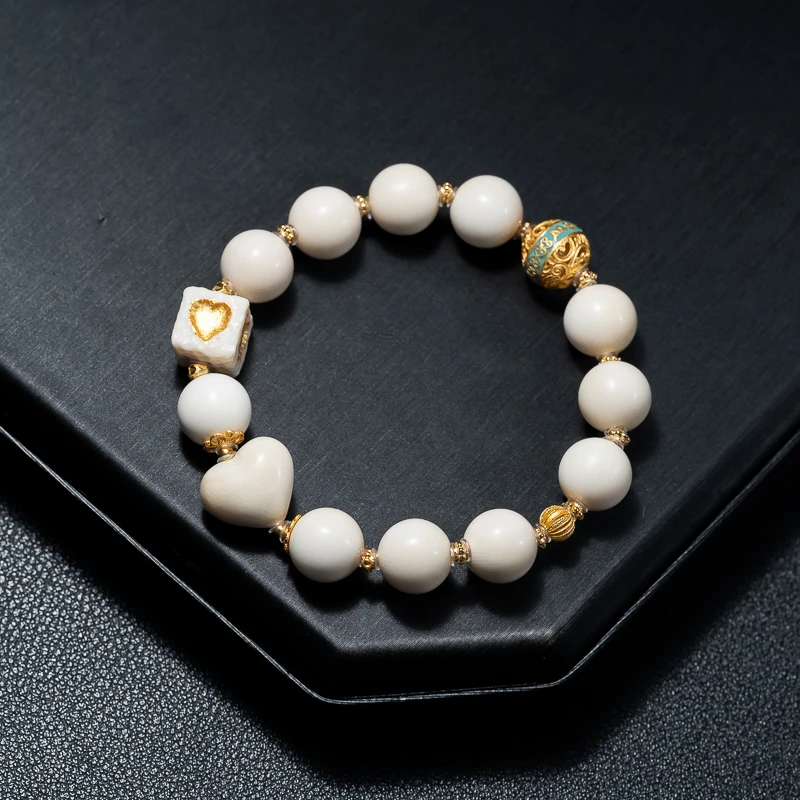 猛犸牙10mm单圈手串猛犸爱心造型s925银镀金气质百搭原创设计手串