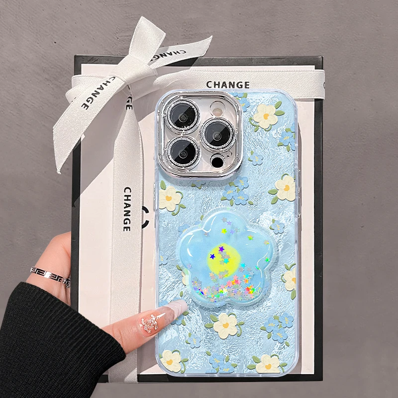 碎花支架适用苹果15华为vivo/oppo小米iPhone16精孔冰川纹手机壳