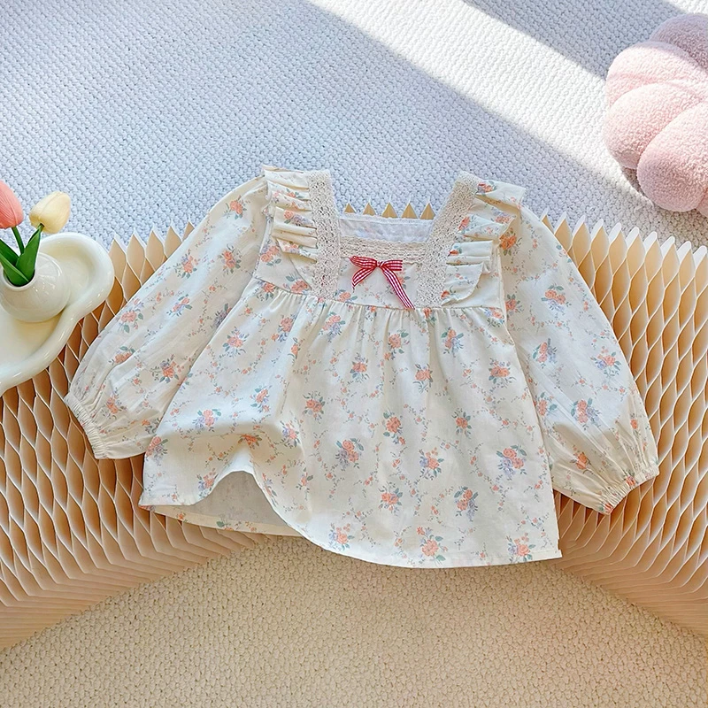 新款女童纯棉春秋季长袖娃娃衫时尚新款碎花蕾丝甜美衬衫欧若风潮