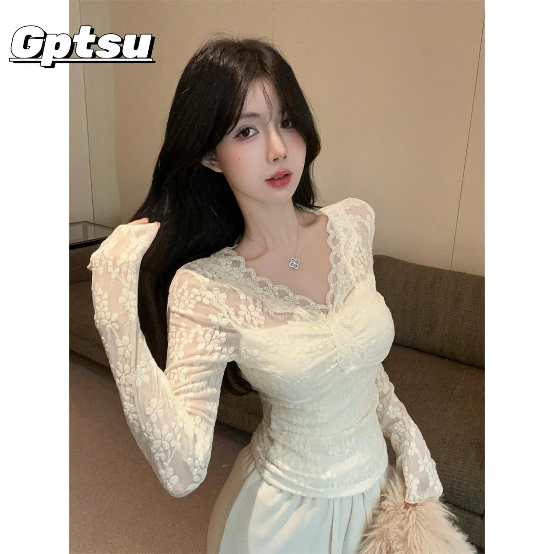 GPTSu纯欲风温柔花边领镂空蕾丝衫女装秋季性感修身显瘦长袖上衣