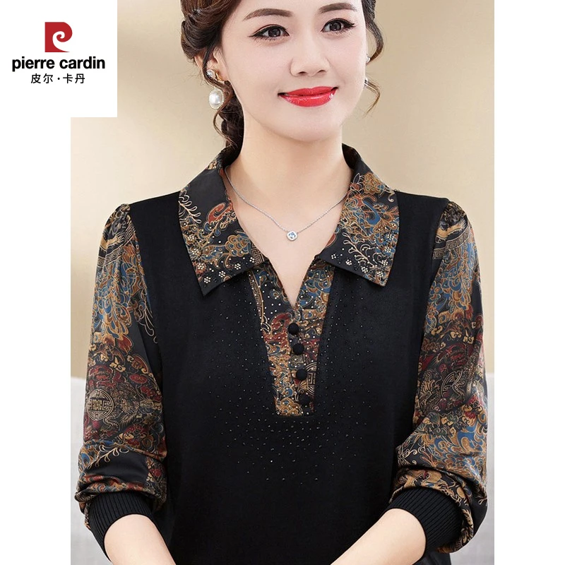皮尔卡丹中老年妈妈秋装上衣洋气新款翻领仿桑蚕丝恤中年女长袖打