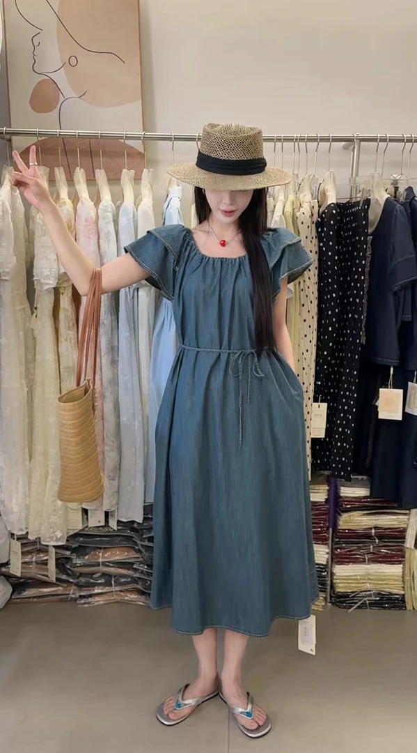 【钰姐精选】米58125-飞飞袖简约牛仔连衣裙显瘦气质时尚夏季收腰