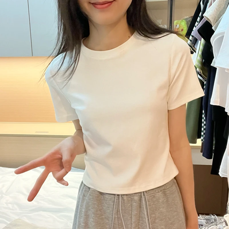 春夏白色短款圆领棉质短袖t恤女修身正肩打底体恤辣妹短装上衣潮