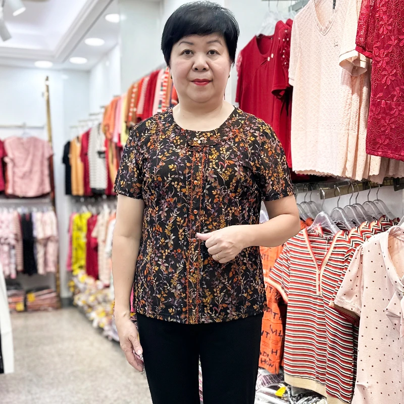 夏季新款台湾丝高档妈妈装上衣大码弹力网纱中老年女装打底t恤衫