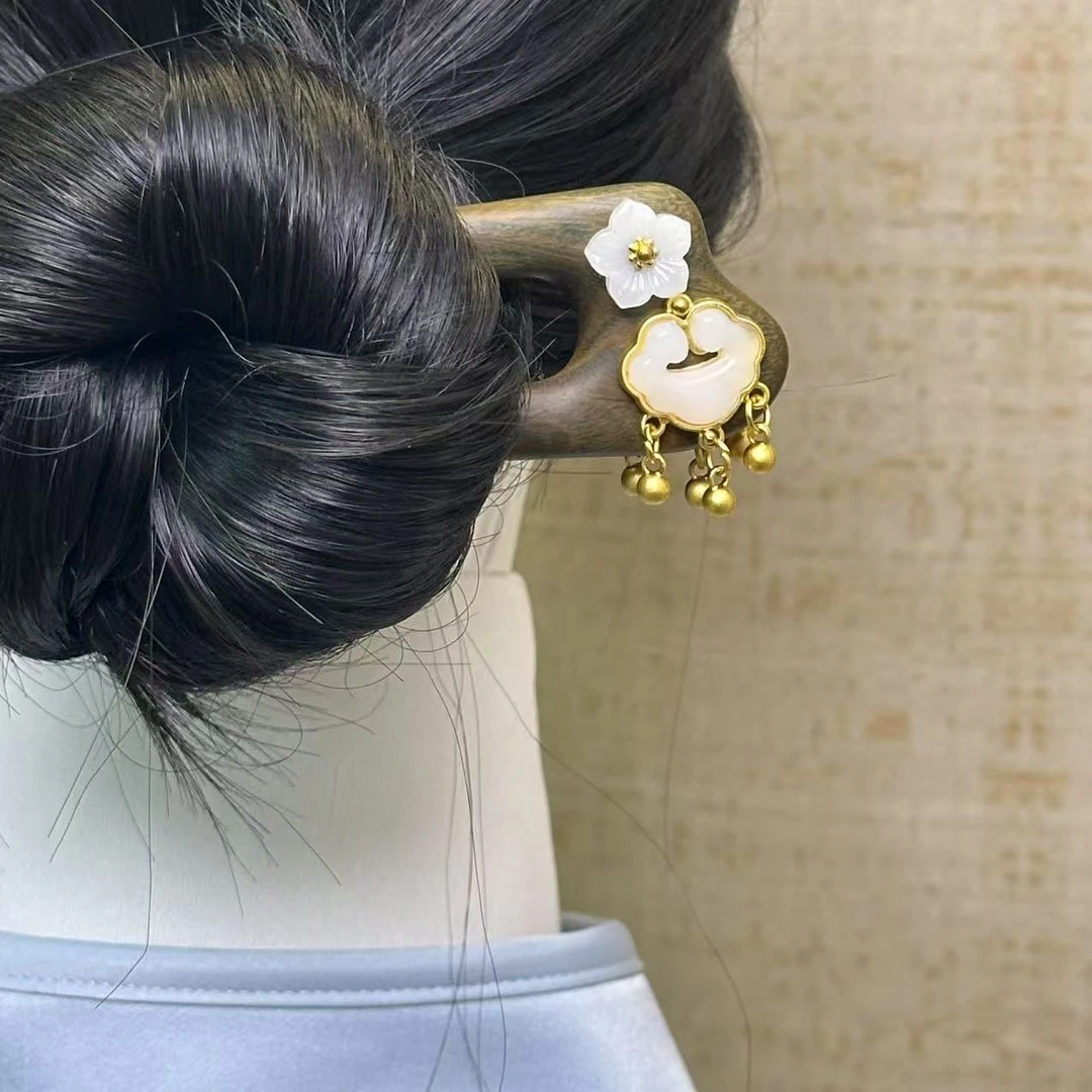 F002玉质如意锁锁双簪15公分天然檀木发簪简约簪子日常经典百搭款