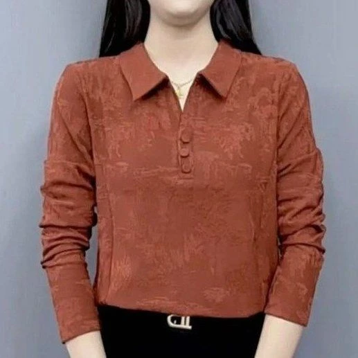 提花polo领长袖女士印花漂亮别致洋气女士印花休闲上衣大码妈妈装