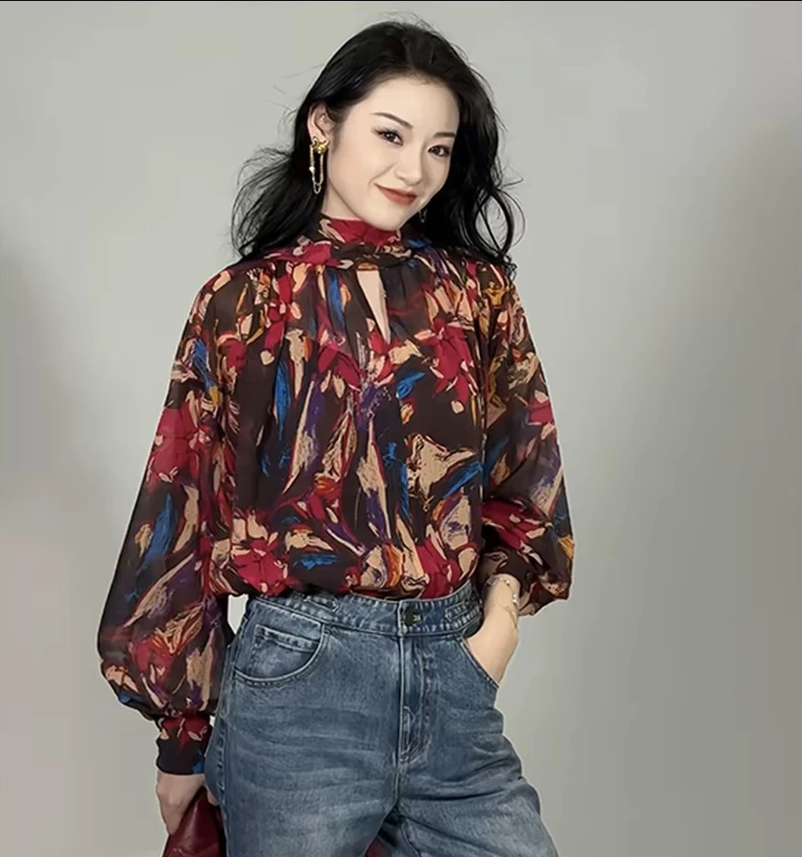 {专柜}商场同款2025秋新款百搭宽松花色两件套飘带衬衫衣女530020