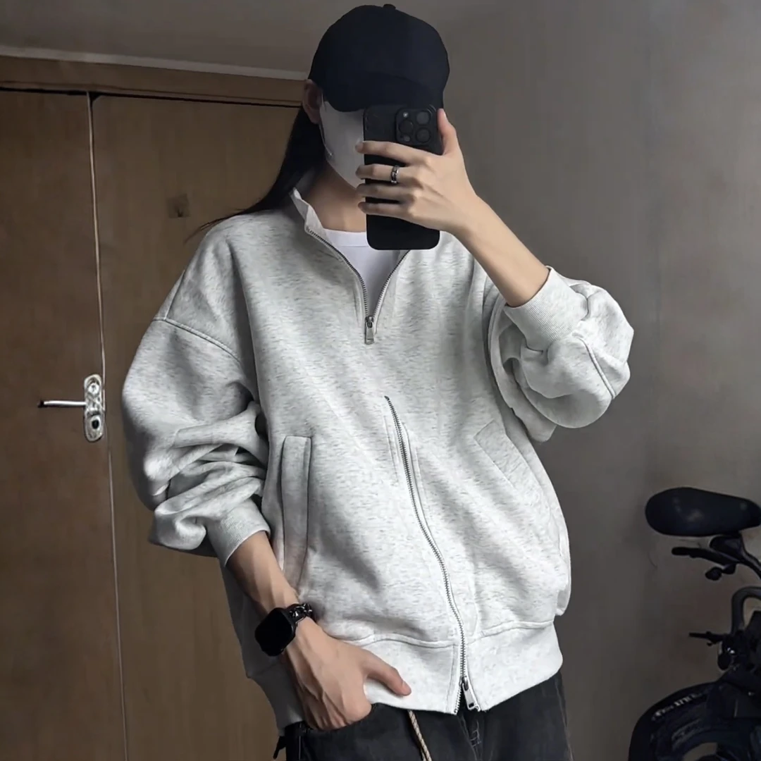 秋季新款重磅设计感双开拉链立领卫衣男女美式时尚百搭休闲外套