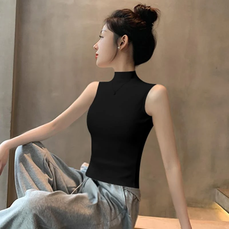 黑色打底背心女2025夏季外穿紧身半高领无袖t恤螺纹内搭坎肩上衣