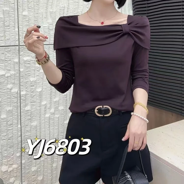 2025秋季新款仙气长袖一字领斜领T恤女神百搭气质显瘦网红上衣