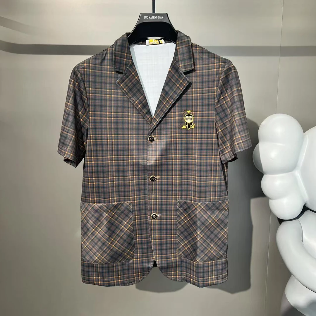 新款高端男士潮流百搭个性小人胸标休闲短袖西服95082