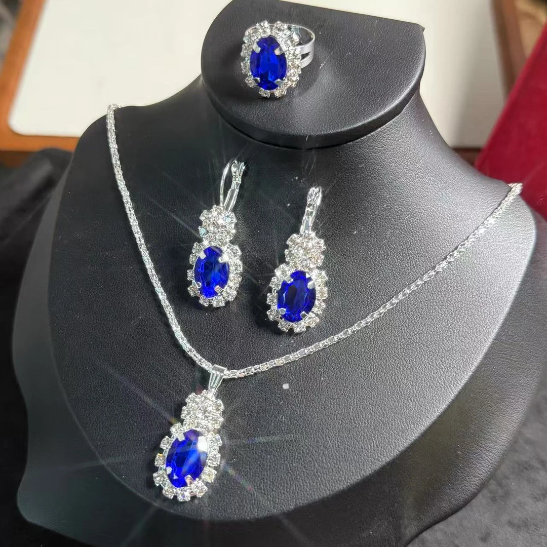 铜玻璃吊坠 轻奢气质宝蓝色闪亮项链女生项链耳环戒指套装全套