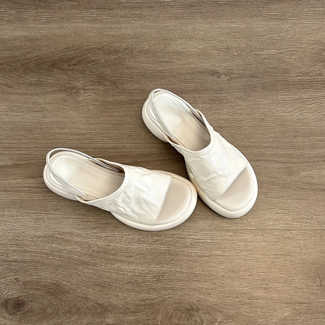 Dannyfrey舒适软皮一字带真皮休闲百搭露趾不累脚中跟厚底女凉鞋