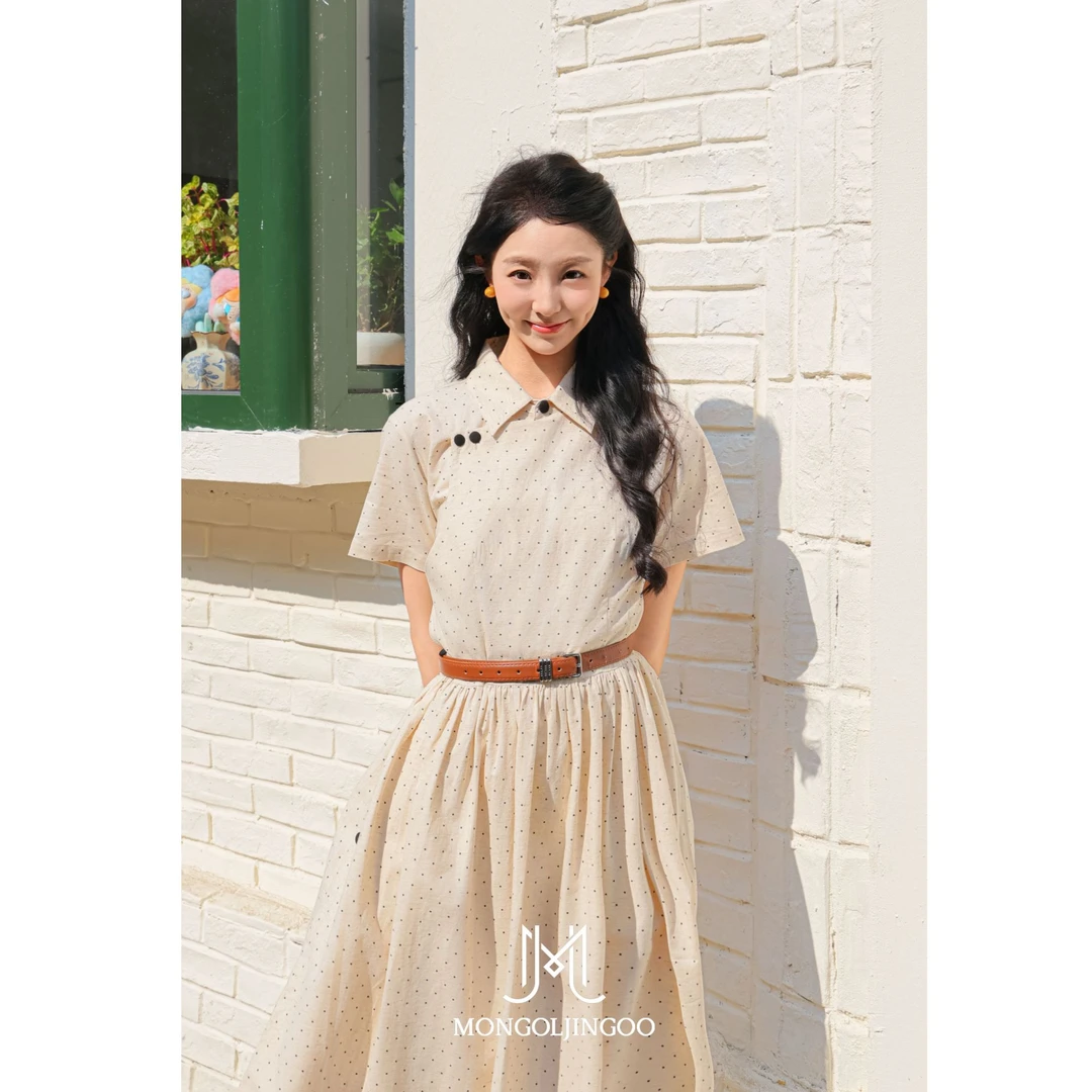 【蒙古丽人】【民族原创】MT25185时尚复古波点POLO领连衣裙长裙