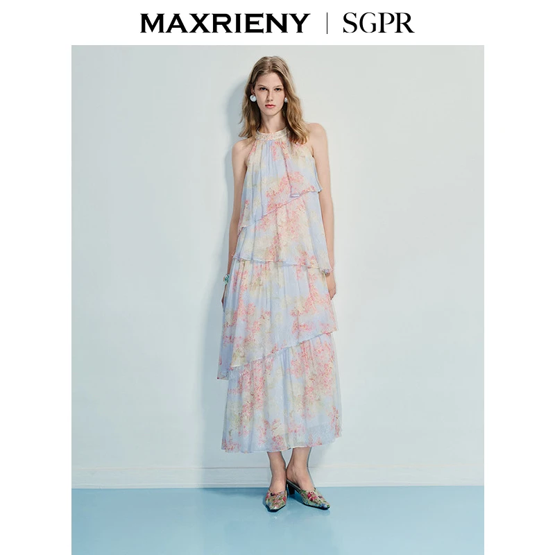 【商场同款】MAXRIENY精致度假风印花收腰挂脖连衣裙25夏优雅长裙