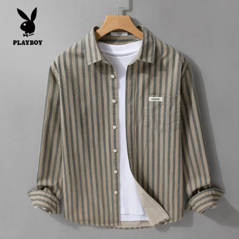 花花公子条纹纯棉长袖衬衫男春季拼接撞色设计感全棉衬衣休闲百搭
