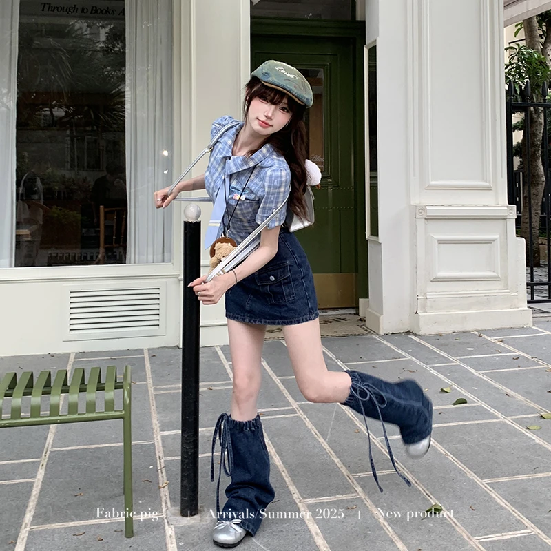 桃汽少女 织物猪原创 学院风蓝色格子衬衫女夏季修身显瘦牛仔短裙