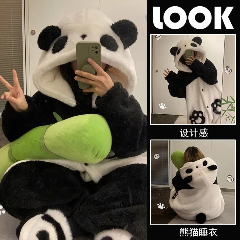 2025年新款卡通熊猫睡衣冬季珊瑚绒加厚睡袍可爱少女家居服套装