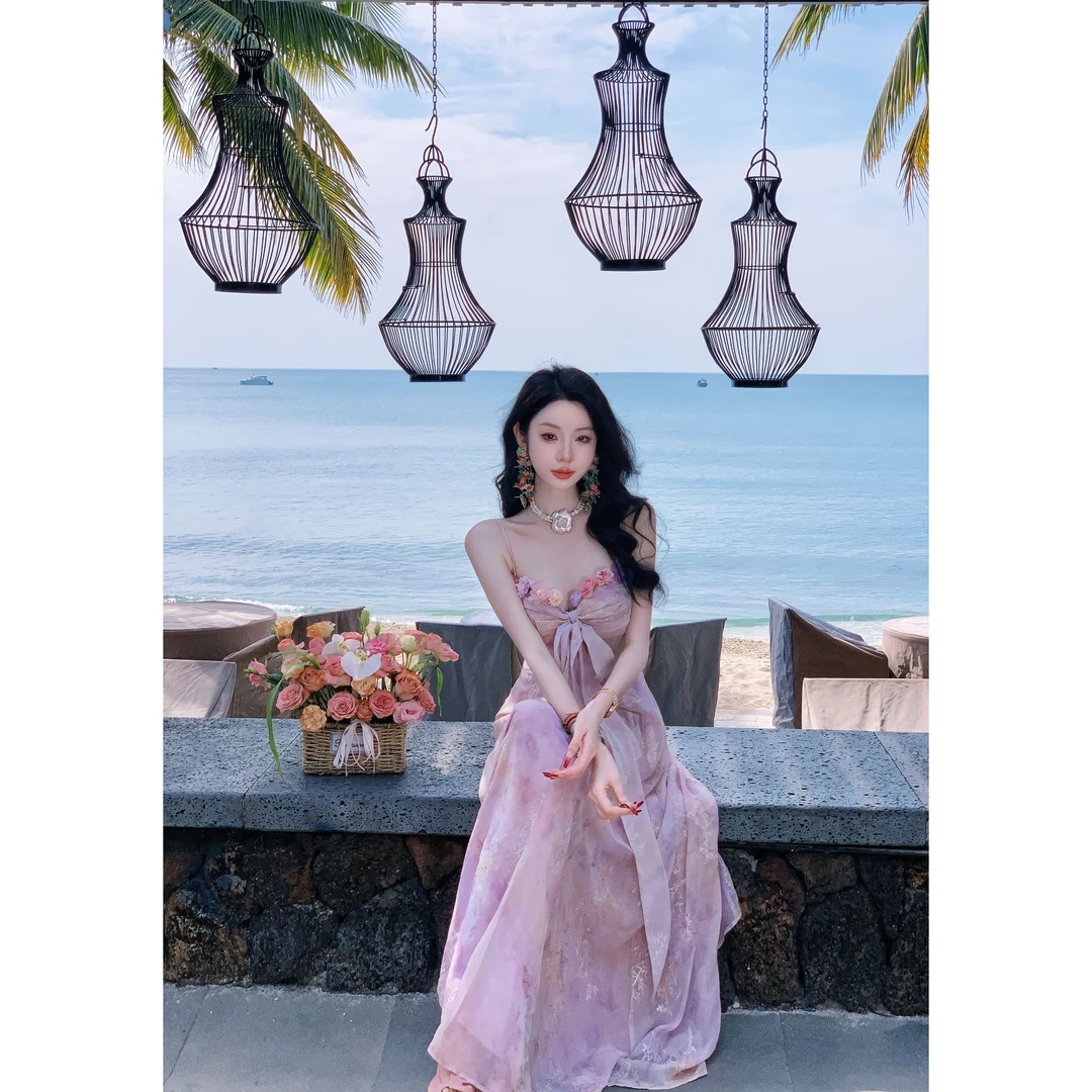 【雅乔定制】花之灵 立体花朵印花绣金吊带连衣裙DYLL-24116560