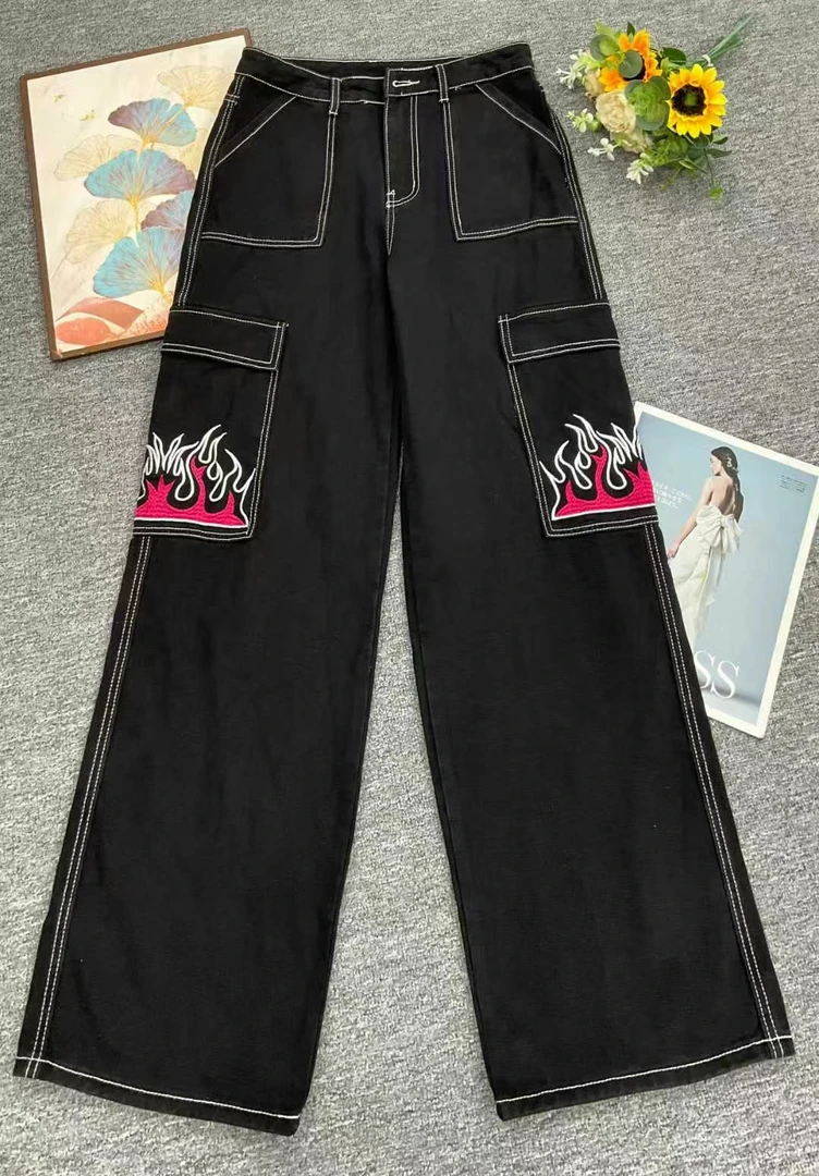 辣妹复古宽松坠感高腰直筒黑色明线拖地牛仔裤