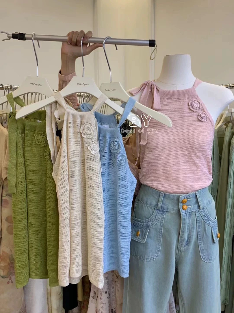 辣妹挂脖针织吊带手工小玫瑰花背心